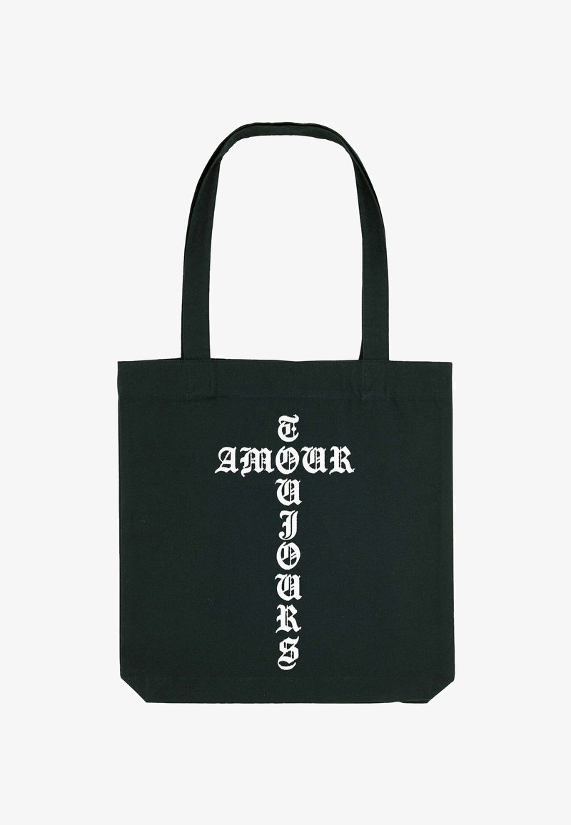 Sac cabas noir avec deux poignées supérieures. Présente un texte vertical blanc disant "AMOUR TOUJOURS" dans une police décorative.