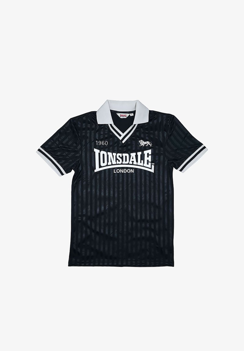 Black short-sleeve sports shirt with vertical stripes, white collar and cuffs, "Lonsdale London" text, lion logo, and the year 1960 on the chest.
