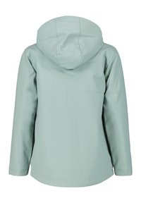 Giacca impermeabile verde chiaro con cappuccio, caratterizzata da una texture liscia e un taglio dritto, senza chiusure visibili o accenti notevoli.