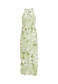Vestido midi sin mangas verde claro con estampado floral blanco y verde, con cremallera trasera y silueta recta.