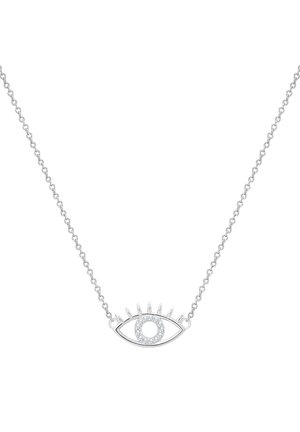 Collana in argento con un pendente a forma di occhio, caratterizzato da un cerchio centrale di cristalli scintillanti e da punte decorative attorno all'occhio.