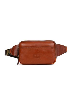 Bruine leren heuptas met voorvak met ritssluiting en verstelbare riem met gesp, met het merk "HEXAGONA" op het voorpaneel.