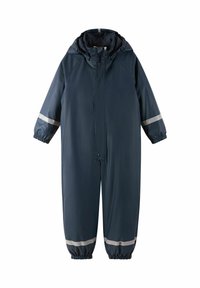 Granatowy wodoodporny kombinezon z kapturem, elastycznymi mankietami i srebrnymi odblaskowymi paskami na rękawach oraz nogawkach. Zamek błyskawiczny z przodu na całej długości.