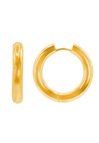 Orecchini a cerchio color oro con una finitura liscia e lucida. Presentano una forma circolare e un profilo leggermente spesso e arrotondato.