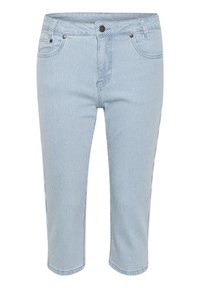 Svetle modré zkrácené kalhoty s vertikálními bílými pruhy, vyrobené z denimu, s pěti kapsami, zapínáním na knoflík a prošitými lemy.