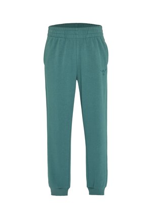 Teal-colored jogger pants with elastic waistband, side pockets, cuffed ankles, and a small embroidered logo on the upper left thigh.