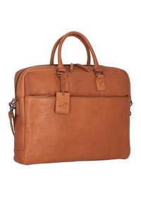 Borsa per laptop in pelle marrone con doppi manici, chiusura con zip e una tracolla removibile. Presenta una tasca frontale e un'etichetta del marchio.