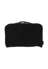 Sac rectangulaire noir en tissu durable, avec une poignée supérieure et un design sobre sans ornements ni motifs.