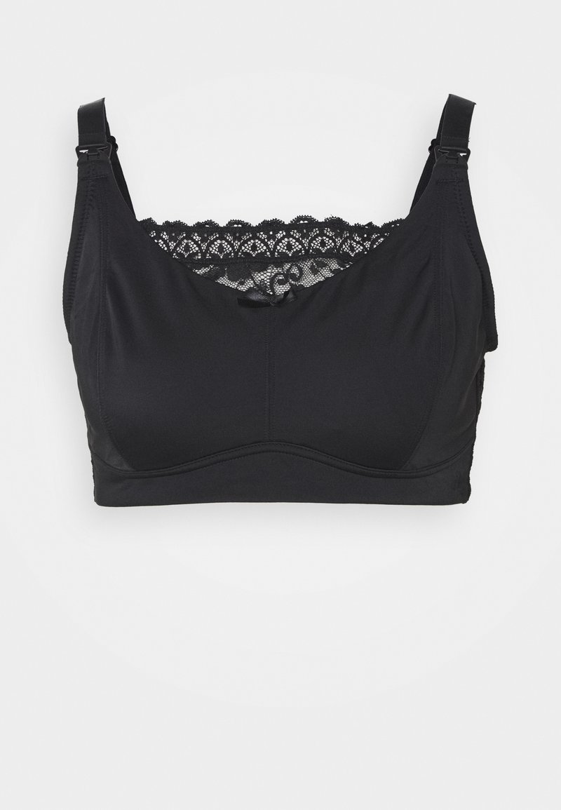Sutiã preto com alças ajustáveis e rendas ao longo do decote. Tecido macio com uma textura suave e um laço decorativo ao centro.