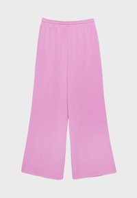 Rosa Hosen mit weitem Bein, elastischem Bund, glattem Stoff ohne sichtbare Taschen oder Verzierungen.