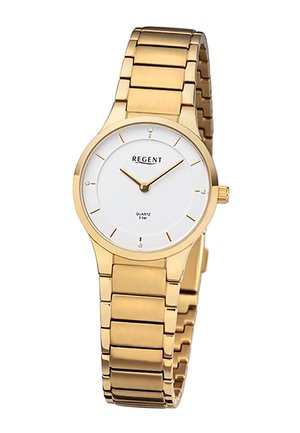 Montre-bracelet en métal doré avec cadran blanc, index des heures et aiguilles fines en or, nom de la marque "REGENT", et bracelet à maillons en métal.