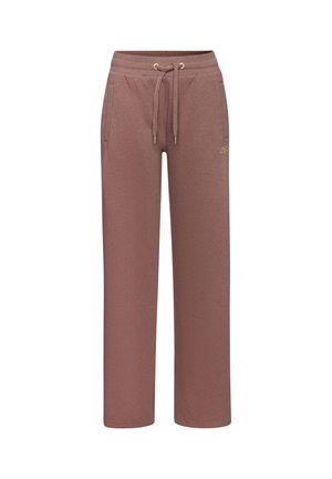 Brown wide-leg sweatpants with elastic waistband, drawstring tie, side pockets, and subtle small logo on left thigh.