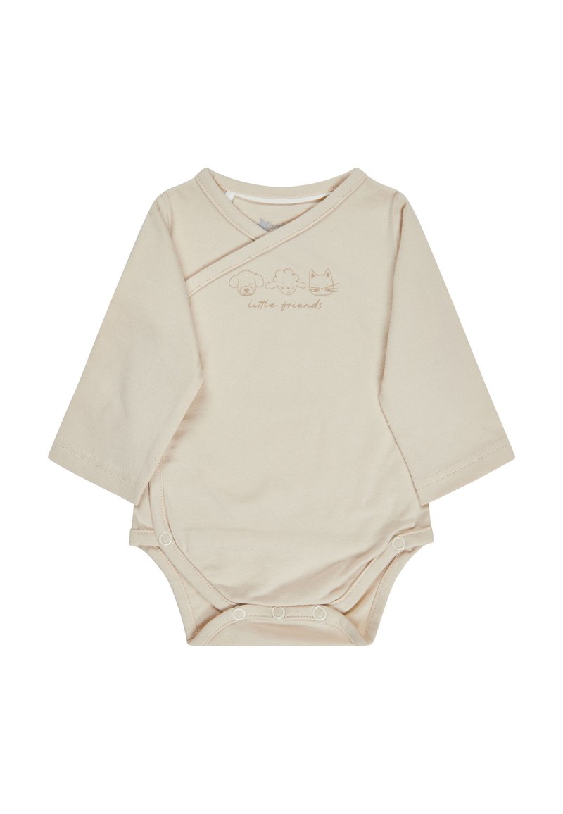 Beige long-sleeve baby onesie with snap buttons at the bottom and animal faces with “little friends” text on the chest.