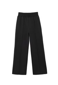 Pantalones de pierna ancha negros con una cinturilla fruncida, que presentan pliegues para añadir volumen y una textura suave. La tela es ligera y se drapea bien.
