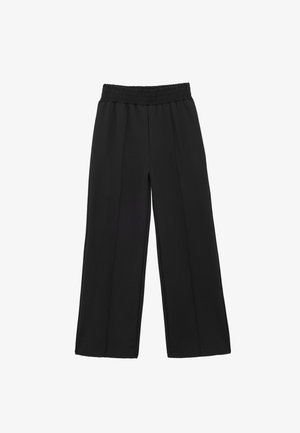 Pantalons larges noirs avec une taille smockée, présentant des plis pour plus de volume et une texture lisse. Le tissu est léger et tombe bien.