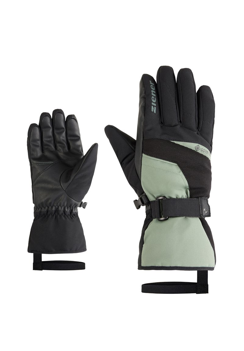 Gants étanches avec paumes en cuir noir, accents en textile vert et noir, sangles de poignet ajustables et un design chaud et rembourré.