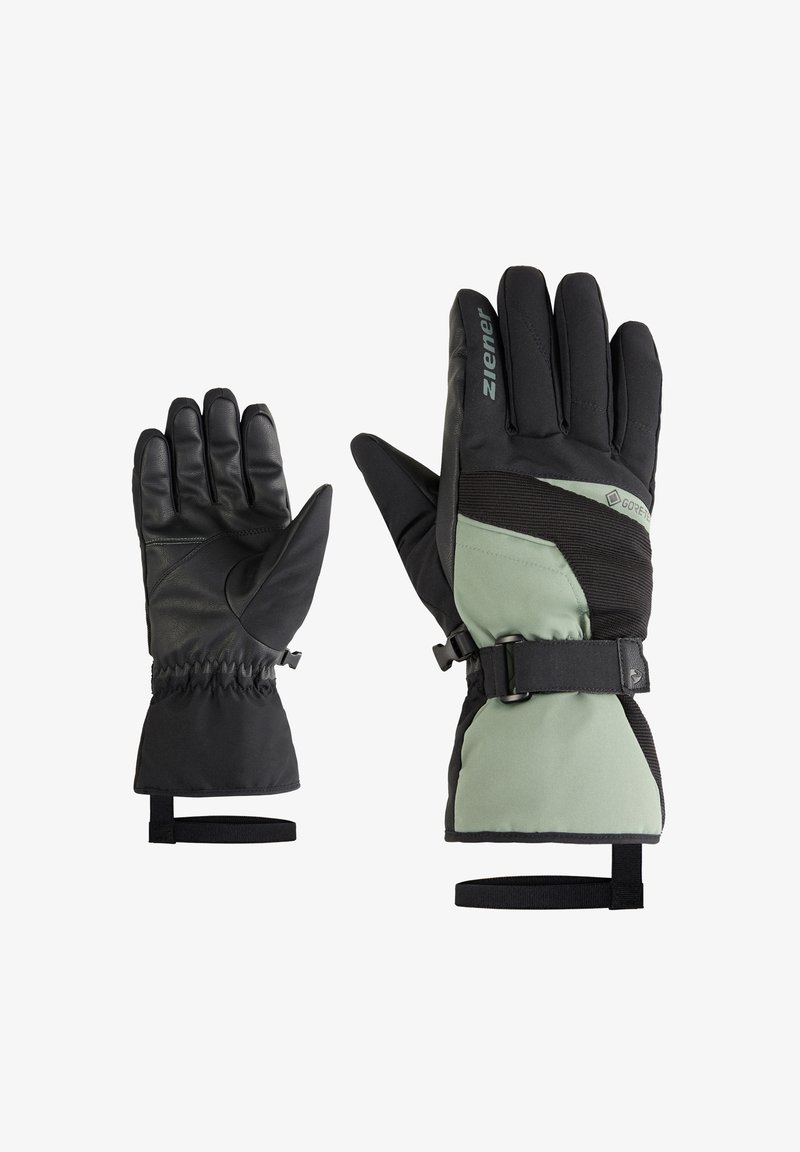 Gants étanches avec paumes en cuir noir, accents en textile vert et noir, sangles de poignet ajustables et un design chaud et rembourré.