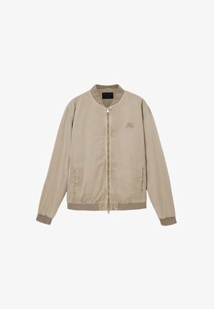 Beige Bomberjacke mit Reißverschluss, gerippten Bündchen und Saum, Seitentaschen und einem kleinen, gestickten Logo auf der linken Brust.