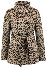 Manteau pour femme à double boutonnage avec motif léopard, boutons noirs, taille ceinturée et col montant.