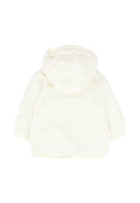 Giacca bianca con cappuccio, dalla superficie liscia, con polsini elasticizzati e orlo arrotondato. Presenta un design semplice e minimalista, senza motivi visibili.