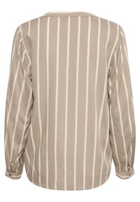 Chemise beige à manches longues avec des rayures blanches verticales et des poignets boutonnés, vue de dos.