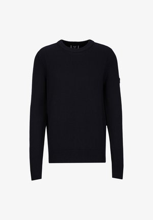 Marineblauwe gebreide trui met een ronde hals, geribbelde manchetten en zoom. Eenvoudig ontwerp zonder patronen of accenten, gemaakt van gestructureerde stof.