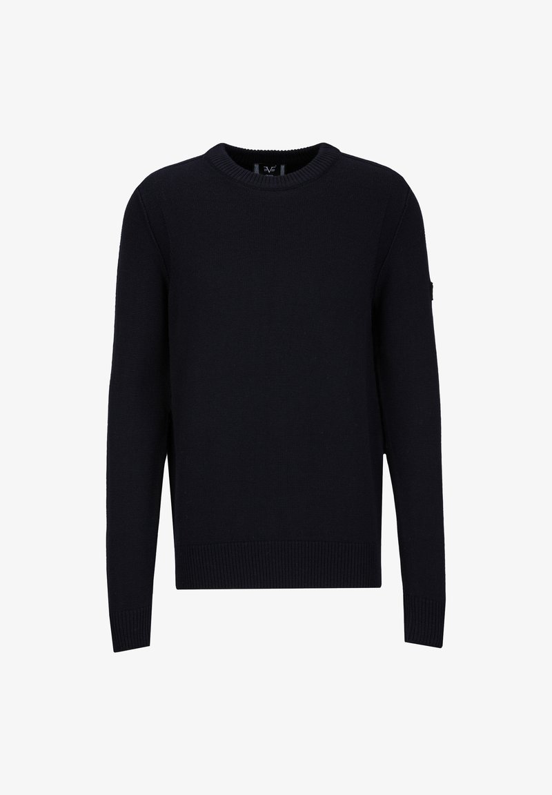 Marineblauwe gebreide trui met een ronde hals, geribbelde manchetten en zoom. Eenvoudig ontwerp zonder patronen of accenten, gemaakt van gestructureerde stof.