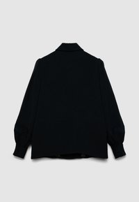 Schwarze Langarmbluse mit Kragen, strukturierten Puffärmeln und dekorativer Stickerei an den Manschetten. Rückansicht gezeigt.