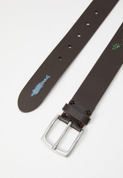 Dark brown leather belt with silver buckle, featuring blue fish and green leaf embroidery near the ends on a white background.