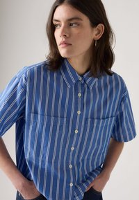 Blue short-sleeve shirt with white vertical stripes, pointed collar, button front, and two chest pockets. Soft, lightweight fabric.
