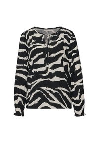 Blusa a maniche lunghe in tessuto leggero con un motivo a strisce zebra bianco e nero, caratterizzata da un collo rotondo e polsi arricciati.