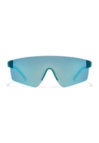 Lunettes de soleil avec une large lentille enveloppante dégradée bleu, monture en plastique bleu sarcelle, sans pièces métalliques visibles, texture lisse, design minimaliste.