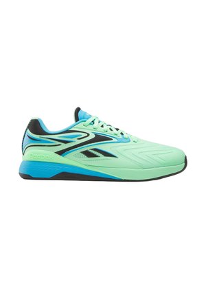 Zapatilla deportiva de color verde claro y azul con detalles en negro, cordones y el logo de Reebok en el lateral, diseñada para correr o actividades deportivas.