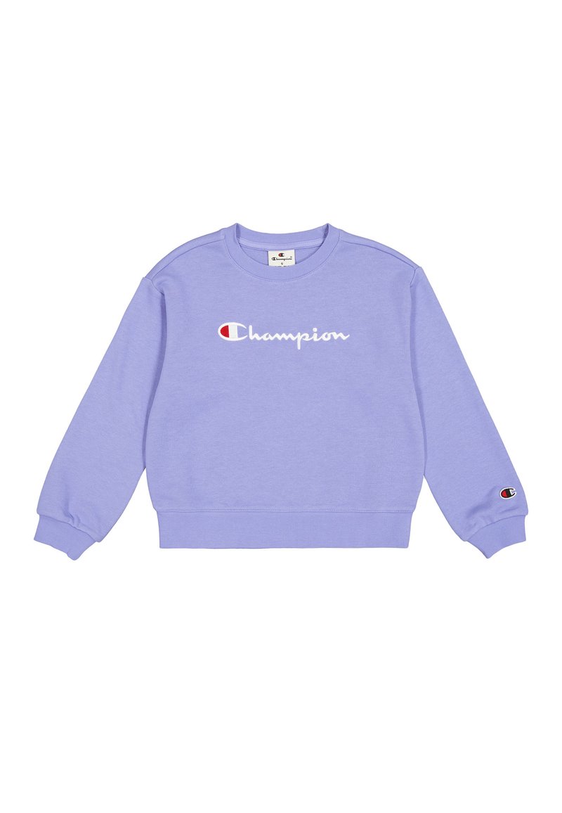 Felpa in pile lavanda con collo a giro, polsini e vita a righe. Presenta un audace logo "Champion" bianco e un piccolo logo sulla manica.