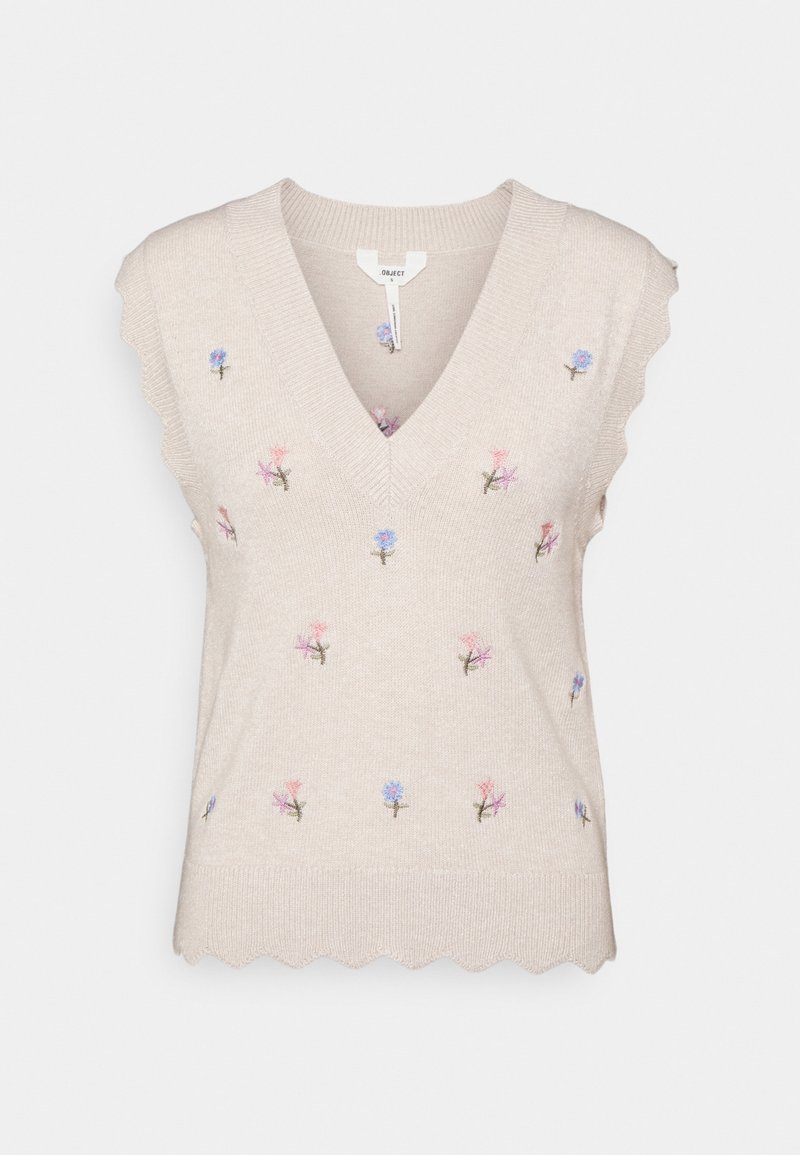 Beige mouwloze trui met een golvende zoom, versierd met geborduurde roze en blauwe bloemmotieven. V-hals ontwerp, gebreide textuur.