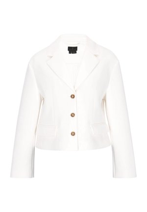 Blazer alb cropped din țesătură netedă, cu guler cu rever, închidere cu trei nasturi cu detalii decorative aurii și două buzunare frontale.