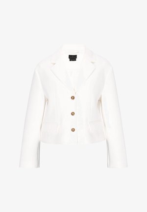 Blazer alb cropped din țesătură netedă, cu guler cu rever, închidere cu trei nasturi cu detalii decorative aurii și două buzunare frontale.