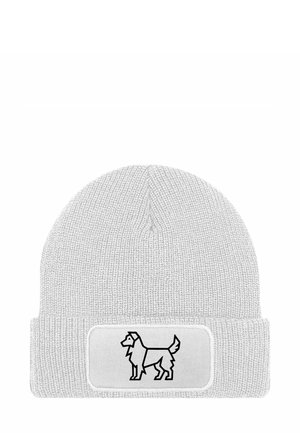 Light gray knit beanie with a rolled cuff, featuring a white patch with a black outline of a dog. Soft texture and simple design.
