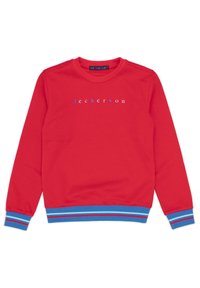 Sudadera roja de manga larga con el texto "Jeckerson", puños y cintura a rayas en azul y celeste sobre un fondo blanco.