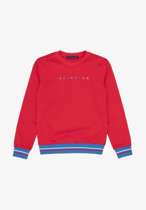 Sweatshirt rouge à manches longues avec le texte "Jeckerson", poignets et taille rayés bleu et bleu clair sur un fond blanc.