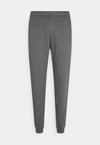 Pantalones de chándal grises hechos de una tela suave y elástica. Cuentan con una cintura elástica y puños en los tobillos ajustados para un look entallado.