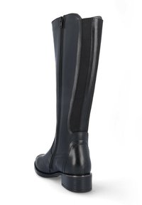 Bota de cuero negra hasta la rodilla con un diseño elegante, que cuenta con una cremallera trasera, panel elástico y un tacón apilado bajo para mayor estabilidad.