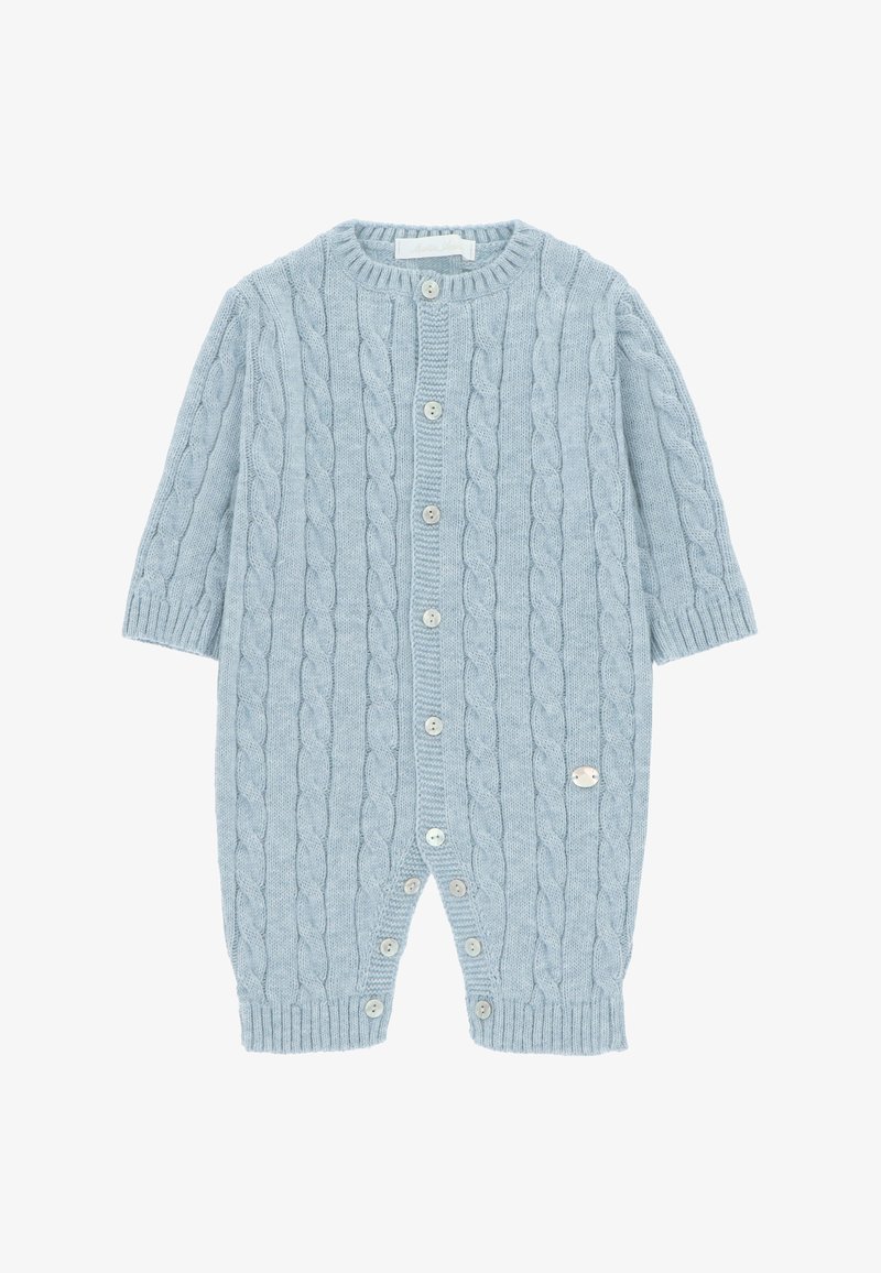 Mono de punto azul claro con patrón de trenzas, escote redondo, cierre de botones en la parte delantera y puños y dobladillo de canalé.