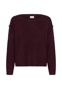 Bordeaux strikket sweater med rund halsudskæring, lange ærmer og en afslappet pasform. Har blød tekstur og drop shoulder design.