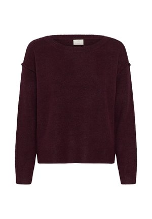 Maglione lavorato a maglia bordeaux con scollo rotondo, maniche lunghe e vestibilità morbida. Presenta una texture morbida e un design con spalle scese.