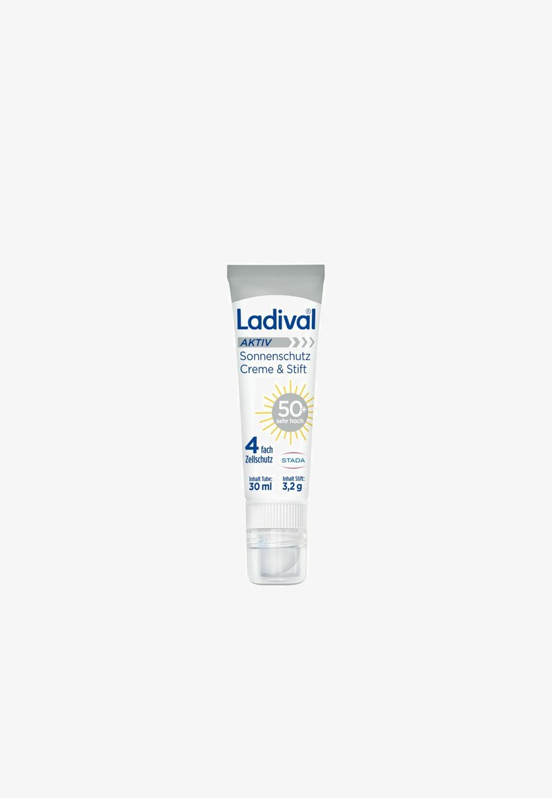 Ladival Aktiv Sonnencreme und Stick mit hohem Lichtschutzfaktor SPF 50+, 30 ml Tube und 3,2 g Stick, bieten vierfachen Zellschutz.