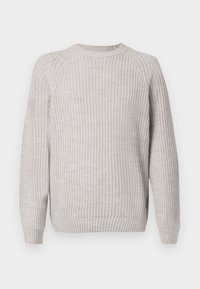 Light grey sweater with ribbed texture, round neckline, and long sleeves. Features a fitted hem and side accents.
