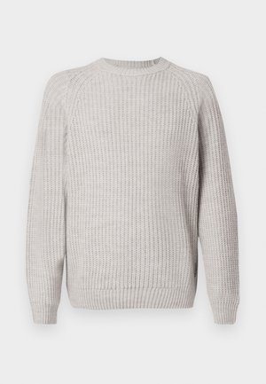 Light grey sweater with ribbed texture, round neckline, and long sleeves. Features a fitted hem and side accents.