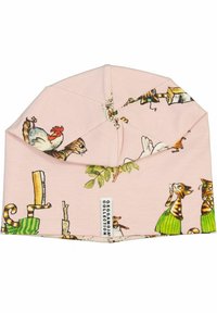 Vaaleanpunainen puuvillapipo, jossa on leikkisiä eläinkuvastoja, mukaan lukien kissoja ja kukko, sekä sivussa ommeltu tuotelappu.