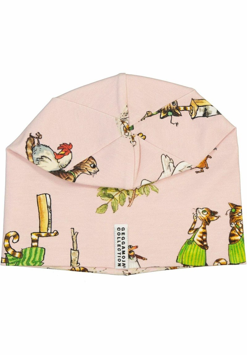 Vaaleanpunainen puuvillapipo, jossa on leikkisiä eläinkuvastoja, mukaan lukien kissoja ja kukko, sekä sivussa ommeltu tuotelappu.